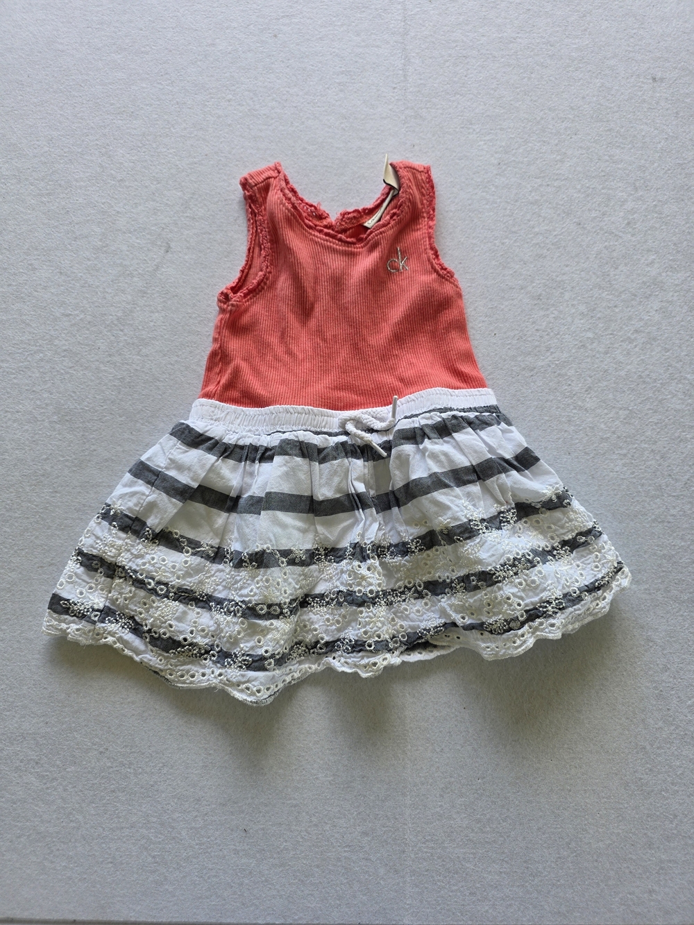 Calvin Klein Coral Tank Dress with White and Gray Striped Lace Skirt